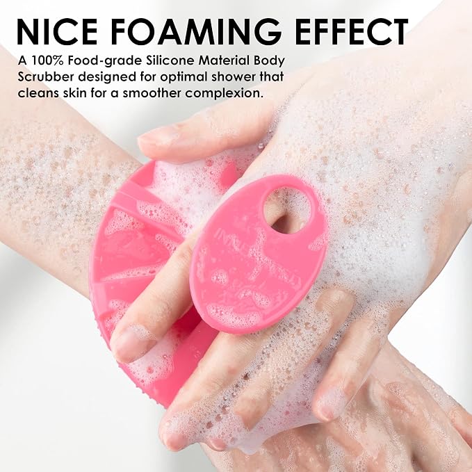 INNERNEED Food-Grade Soft Silicone Body Scrubber Shower Brush Handheld Cleansing Skin Brush, Gentle Exfoliating and Lather Well (Dark Green+Pink)