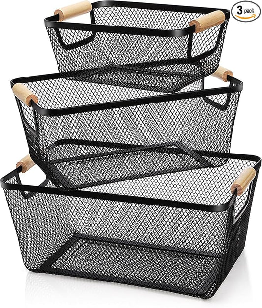 Noamus 3 Pack Metal Mesh Basket with Wooden Handle, Farmhouse Wire Steel Storage Bins, Rectangle Fruit Vegetable Organizer Containers for Home Cabinet Pantry Kitchen Decor, Snack Gift (Black, 3 Size)