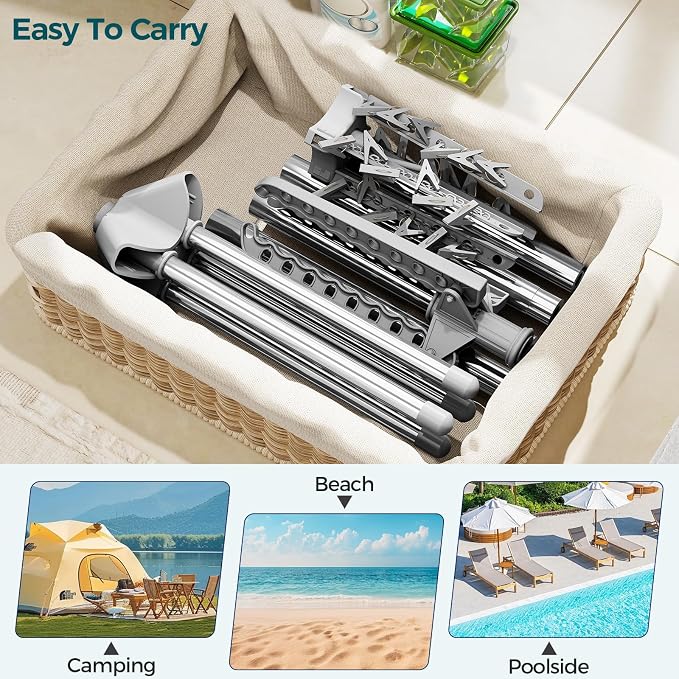 KINGBOARD 2-Tier Clothes Drying Rack, 72" H Drying Rack, 7 Rotatable Arms | 360° Rotatable Arms, 27 Hanger Holes, 24 Clips, Stainless Steel, Tool-Free Setup, Portable for Travel & Home, 30lbs Hold