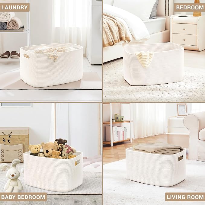 72L Large Woven Laundry Basket Hamper with Handles, White | collapsible wicker hamper, storage for dirty clothes, toys, blankets, gifts, living room, bedroom, bathroom, 22"x17"x12"