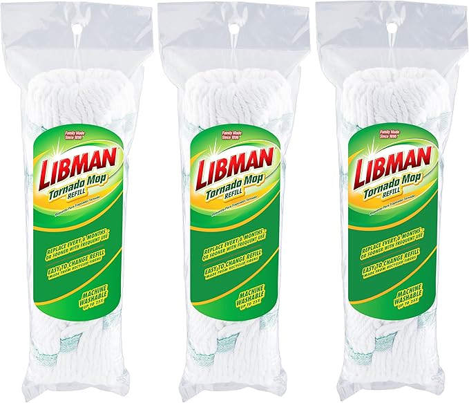 Libman Tornado Mop Refill, Direct Replacement Head for Libman Self Wringing Twist Mop, Cotton, Machine Washable, 3 Pack