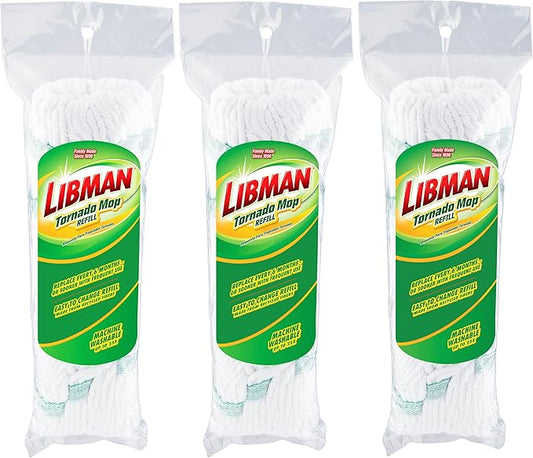 Libman Tornado Mop Refill, Direct Replacement Head for Libman Self Wringing Twist Mop, Cotton, Machine Washable, 3 Pack