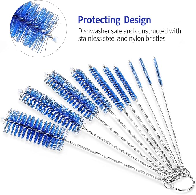 CiaraQ Bottle Cleaning Brushes, 8 Inch Nylon Tube Brush Set | Navy Blue Cleaner for Narrow Neck Bottles Cups with Hook, Set of 10pcs.