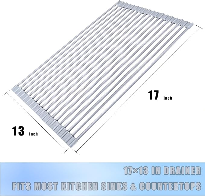 Roll up Dish Drying Rack Silicone Wrapped Stainless Steel 17in x 13in, Grey