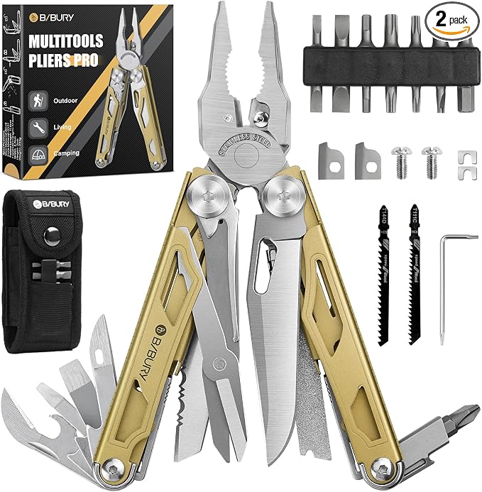 BIBURY 31-in-1 Multitool Pliers Pro,EDC Pocket Knife & Screwdriver-BI2045 | Stainless Steel Multi Tool with Replaceable Wire Cutters, Saw, Large Scissors, Ideal for Camping,Survival,Repair