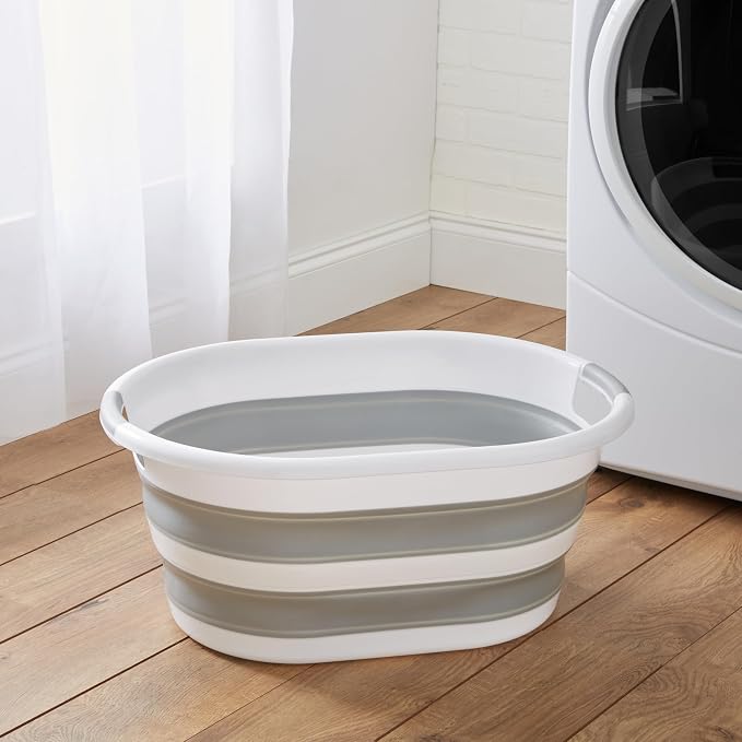 Laundry 360 Collapsible Laundry Basket | Portable | Space Saver Storage | 27 Liter Capacity | Store Under the Bed or Closet | Good for Kids | Dorm | Bedroom | Large | White/Grey