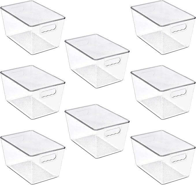 Clear Storage Bins with Lids, 8 Pack Large Stackable Clear Bins, Clear Storage Containers with Lids, Plastic Organizer Boxes for Pantry Storage, Kitchen Cabinets, Closet Organization, Bathroom