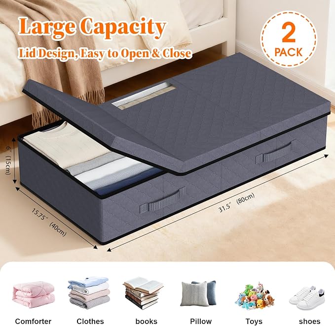 StoreHappily Under Bed Storage Containers with Lids, 2 Pack Foldable Grey | Storage organizer, Stackable Clothes Storage Bags, For Blankets Pillows Clothing, Clear Window, 3-Sided Handles, Label Slot