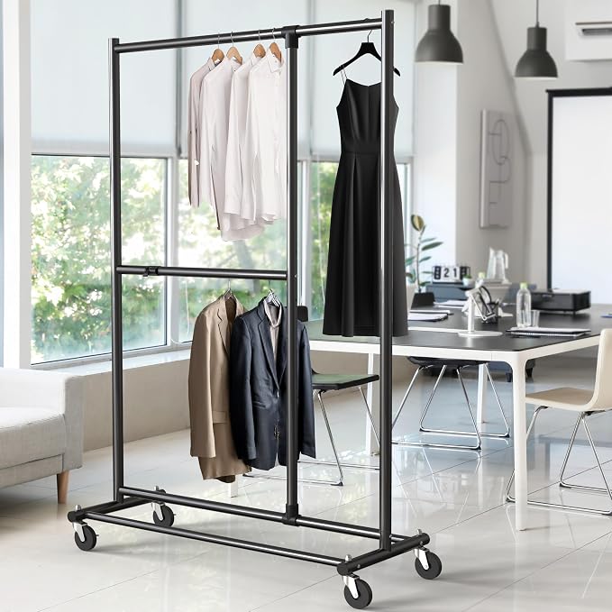 Simple Houseware Dual Bar Adjustable Clothing Garment Rack, 72" H, Black | Extendable Middle Bar from 23" to 42.75 Inches Width
