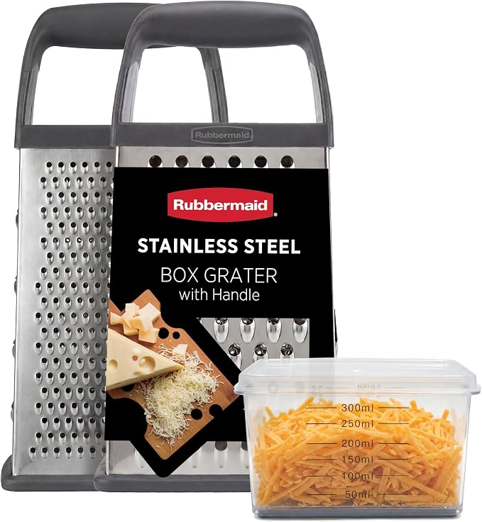 Rubbermaid EZ Grip Box Grater, Stainless Steel Cheese Grater & Container - BPA Free Multi-Surface Cheese Shredder & Food Grater for all Vegetables | Graters for Kitchen -Non-Slip Base, Dishwasher Safe
