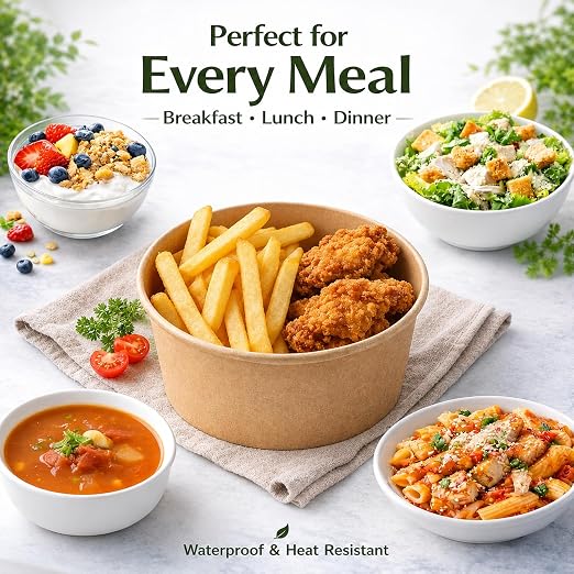TOPtoper 50 Pack 25 Oz Large Paper Bowls with Lids, Disposable Soup Serving Bowls Bulk Party Supplies for Hot/Cold Food, Soup (25 OZ)