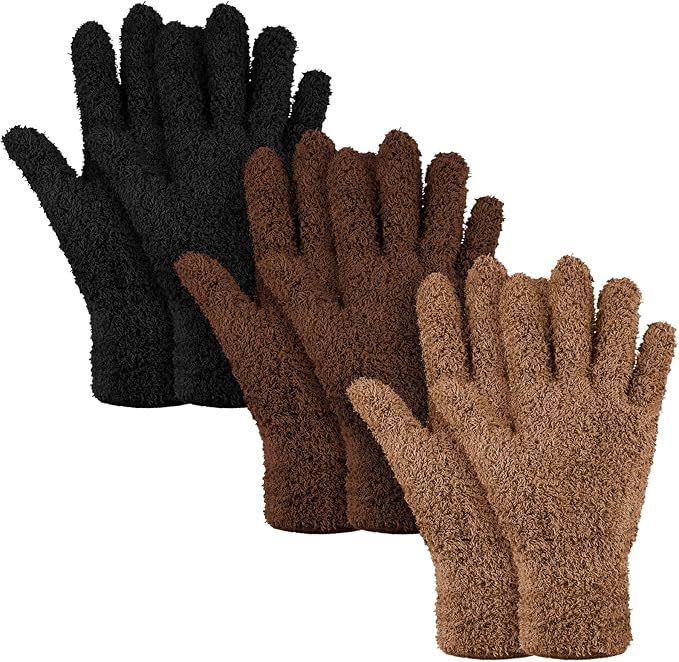 Patelai 3 Pairs Microfiber Plant Dusting Gloves Leaf Cleaning Gloves for Indoor Plants, Blinds, Furniture, House (Black,Brown,Dark Brown,Medium)