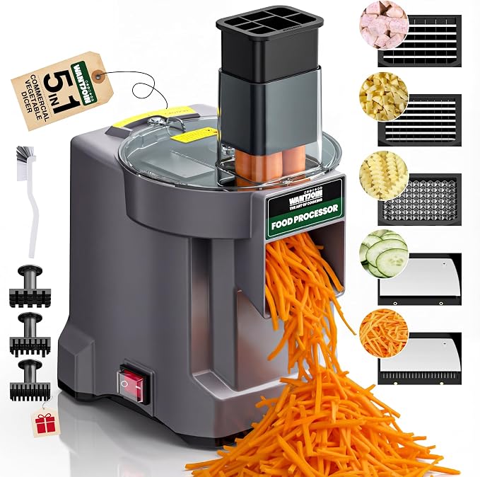 WantJoin 5 in 1 Electric Vegetable Chopper - Multifunctional Commercial Food Processor with Stainless Steel Blades for Slicing(2.5mm), Dicing(8/12mm), Chopping(2.5mm), Shredding