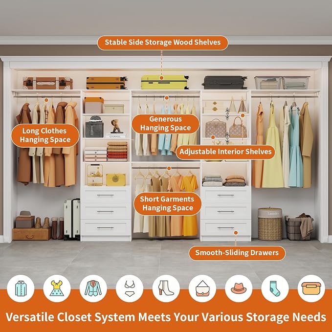 Closet System with 6 Drawers, 6-13FT Closet Organizer System Wood with 8 Shelves & 6 Expandable Hanging Rods, Closet Systems Kit for Walk in Closets, Modular Closet Organizer Systems, 2 Sets,White