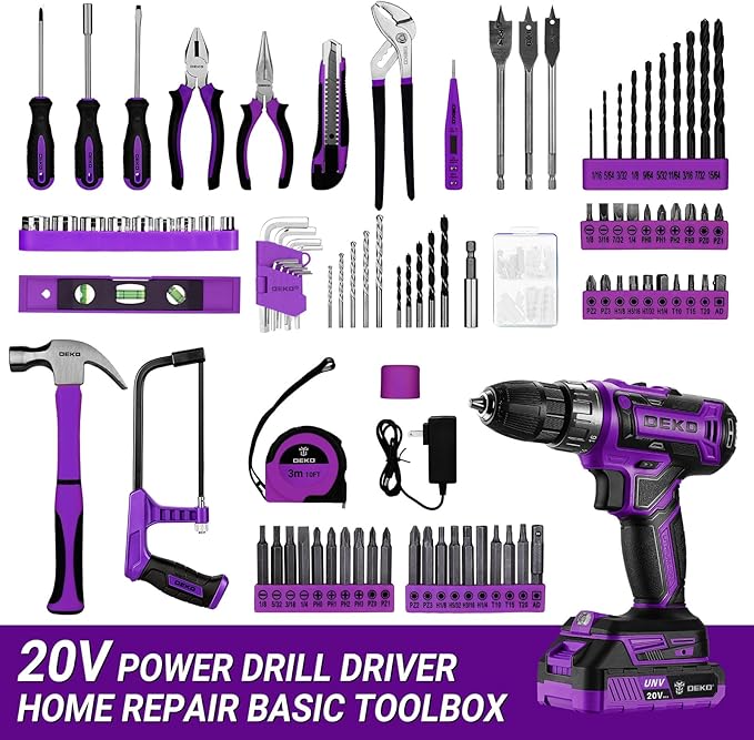 Drill Tool Kit Set: 20V Cordless Power Drill Tool Box with Battery Electric Drill Driver for Men Home Hand Repair Basic Toolbox Tools Sets Drills Case, Purple