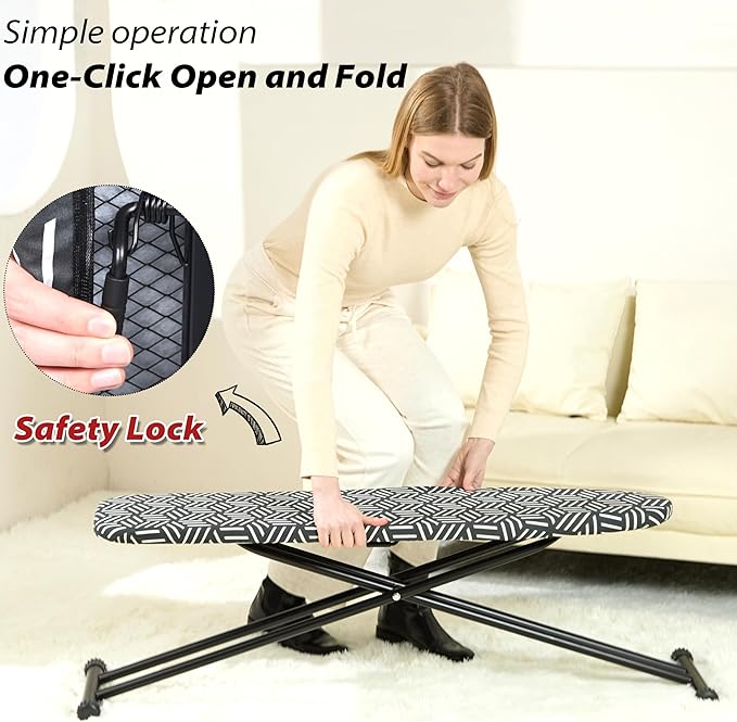 caius Ironing Board with Extra Thick Heavy Duty Padded Cover, Full Size Iron Board, Full Metal Construction, Easy to Fold, Adjustable Height (43x13in Black)