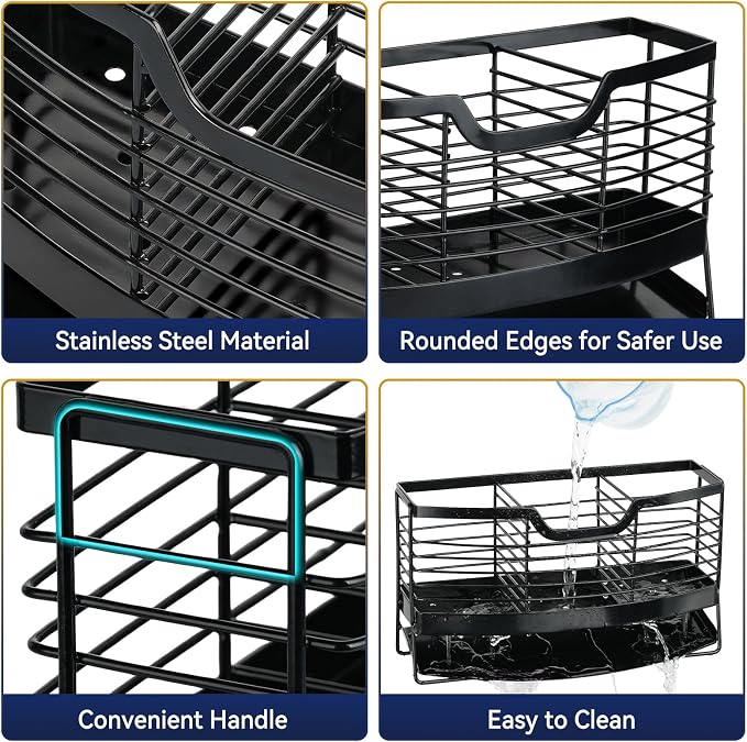 Utensil Holder, Stainless Steel Utensil Drying Rack with Automatic Drain Tray for Kitchen Counter, 3 Compartments Silverware Spoon Holder Cutlery Drainer Sink Caddy, Black