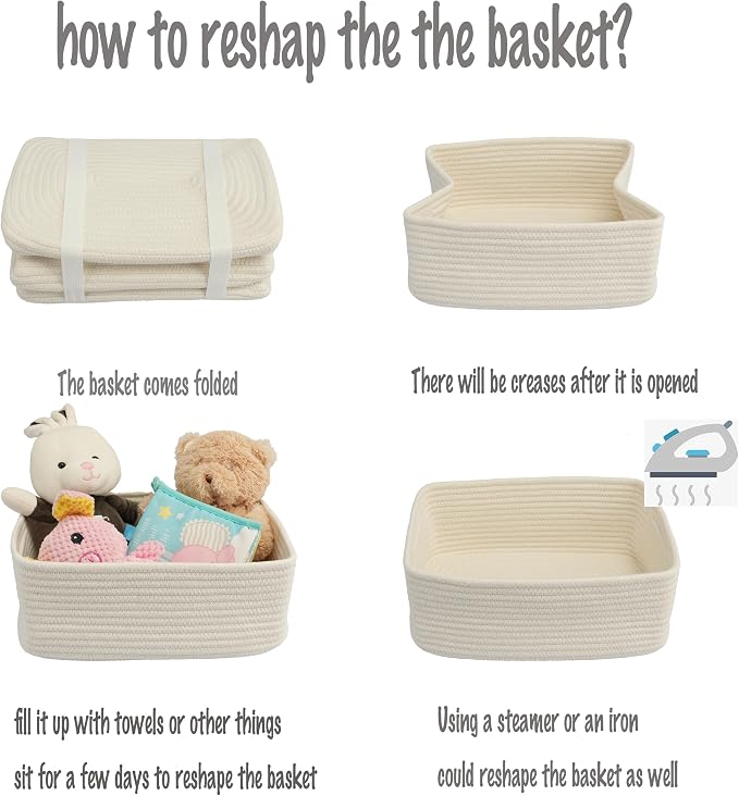 XUANGUO Small Woven Storage Baskets 13“X9”X5“ Decorative Rope Bins for Organizing Shelves, Closets, and Toys, Empty Gift Baskets, Cute Organizer Basket for Home and Office White Large