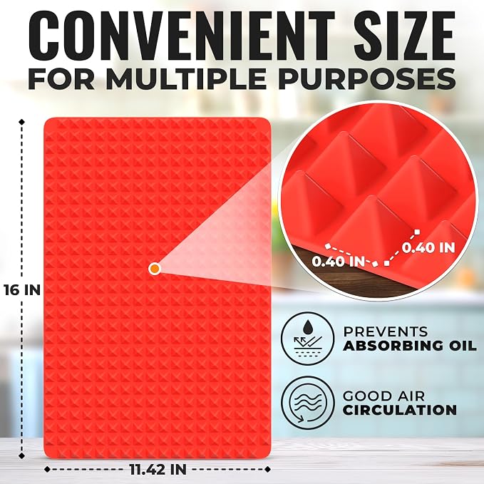 16x11.42" Non-Slip Red Pyramid Baking Mat - Easy to Clean Pyramid Pan Silicone Baking Mat with Air Circulation System - Tear- and Heat-Resistant and Flexible Oven Mats for Cooking, Roasting & BBQ