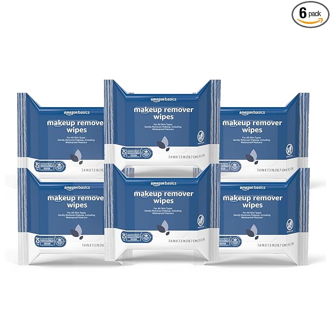 Amazon Basics Makeup Remover Wipes, Gentle Cleansing, Dermatologist Tested, Original, Plant Based, Alcohol-Free, Removes Waterproof Mascara, pH Balanced, 25 Count, 6-Pack