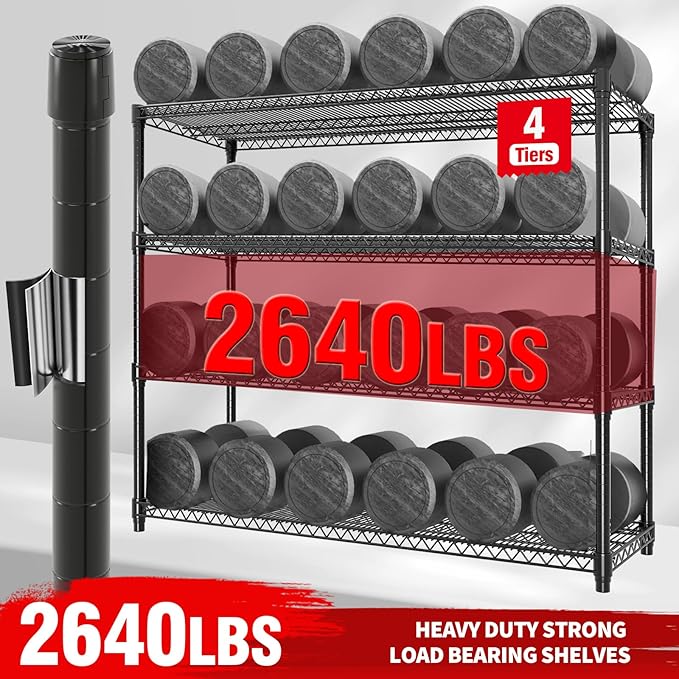 Garvee 71.8"H Metal Shelving with Wheels, 4-Tier Storage Shelves Heavy Duty | 2560LBS, Adjustable Wire Shelving Units, Rolling Steel Shelves for Garage Kitchen Industrial Pantry, 59" Wx17.7"D, Black