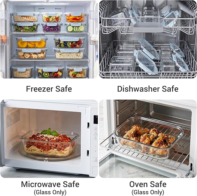 Dealusy 10 Sets (20-Piece) 36 oz & 12 oz Glass Food Storage Containers with lids, Airtight Leak-proof Glass Meal Prep Containers with Lids, Microwave Oven Freezer Dishwasher Safe, Blue