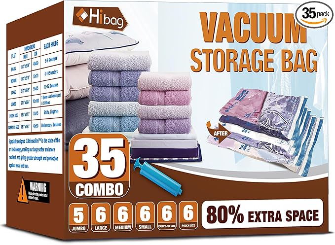 Vacuum Storage Bags, Space Saver Vacuum Seal Storage Bags 35-Pack Sealer Bags for Clothes, Clothing, Bedding, Comforter, Blanket (35C) | Various Size, Airtight Triple Seal, Save 80% Space, Hand Pump, Work with Vacuum, Double Zip, Reusable, Easy to Use