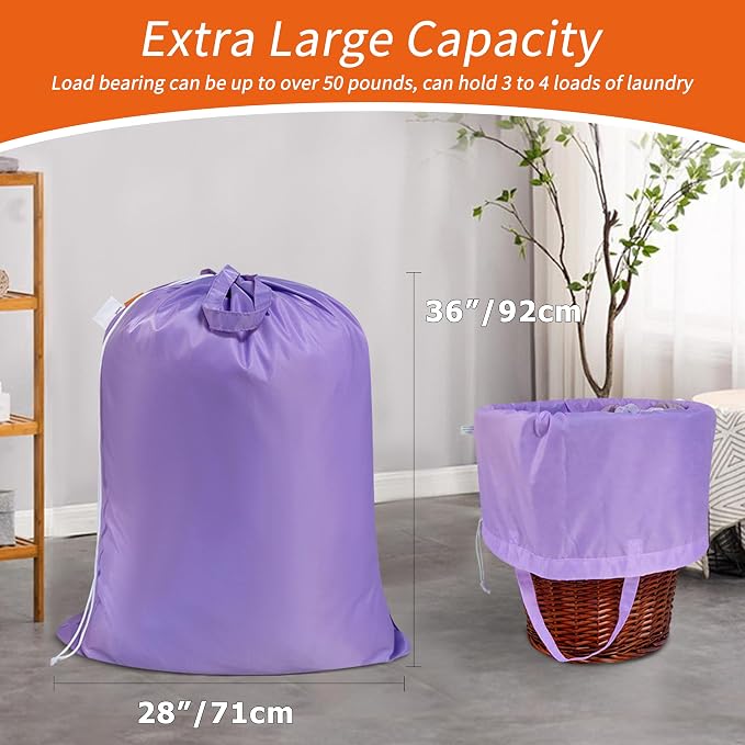 2 Pack Extra Heavy-Duty Laundry Bag with Handles, Purple, 28x36" | Extra Large, Name ID Tag, Machine Washable, Reinforced Handles, Drawstring Closure, For College Dorm Travel