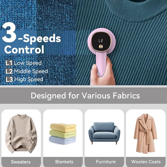 Rechargeable Fabric Shaver for Clothes: 6-Leaf Blades & 3 Speeds to Remove Pilling, Fuzz & Lint Balls - with LED Display, Portable Electric Lint Remover for Sweater, Couch, Blanket, Furniture