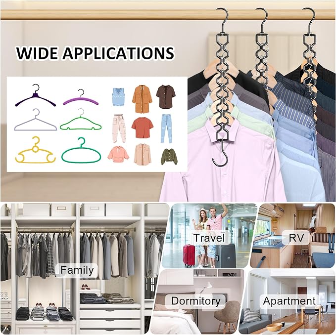 12 Pack Space Saving Hangers for Clothes Sturdy Metal Hangers Heavy Duty | Magic Clothes Space Saver Hanger Organizer with 360° Swivel Hook, Closet Organizers and Storage Dorm Room Essentials Black