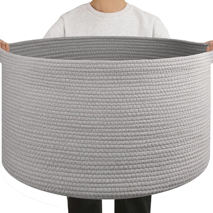 OIAHOMY 90L Extra Large Blanket Basket - Decorative Cotton Rope Storage Basket for Bedroom, Living Room & Nursery - Woven Laundry Hamper for Organizing Blankets, Clothes & Toys - Light Grey
