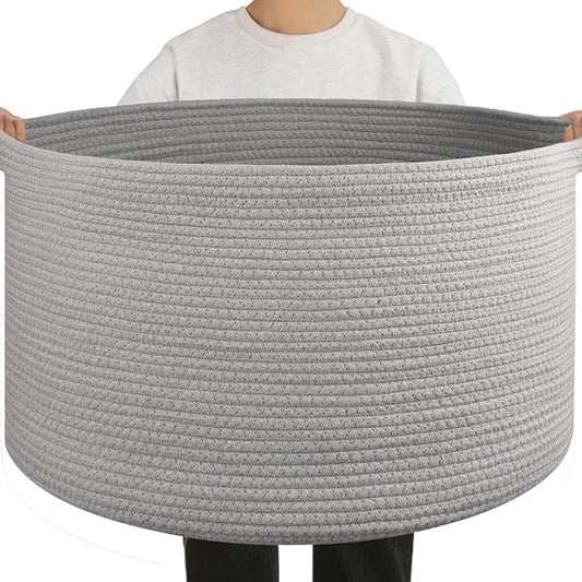 OIAHOMY 90L Extra Large Blanket Basket - Decorative Cotton Rope Storage Basket for Bedroom, Living Room & Nursery - Woven Laundry Hamper for Organizing Blankets, Clothes & Toys - Light Grey