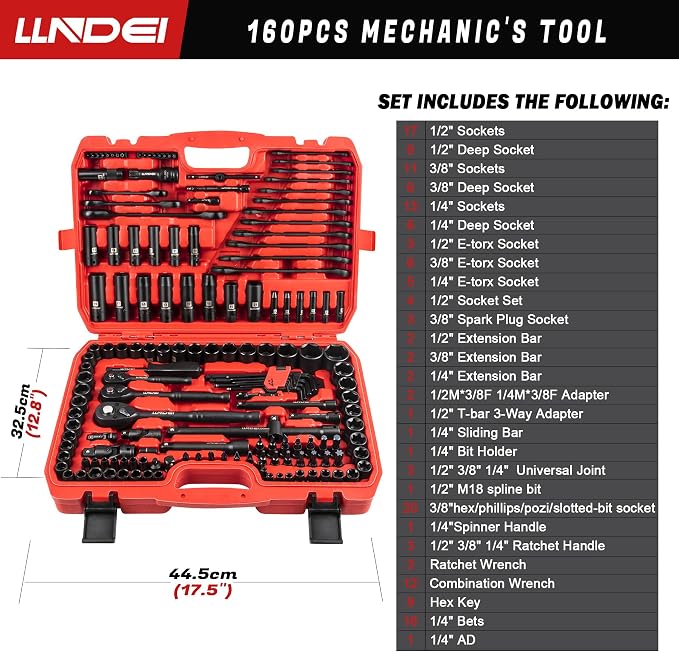 160Pc Mechanics Socket Set 1/2 1/4 3/8" Drive Metric | CR-V Deep & Shallow Sockets, Metric, Quick Release Ratchet, Professional Tool Kit for Auto Repair, Truck, Garage & Home DIY