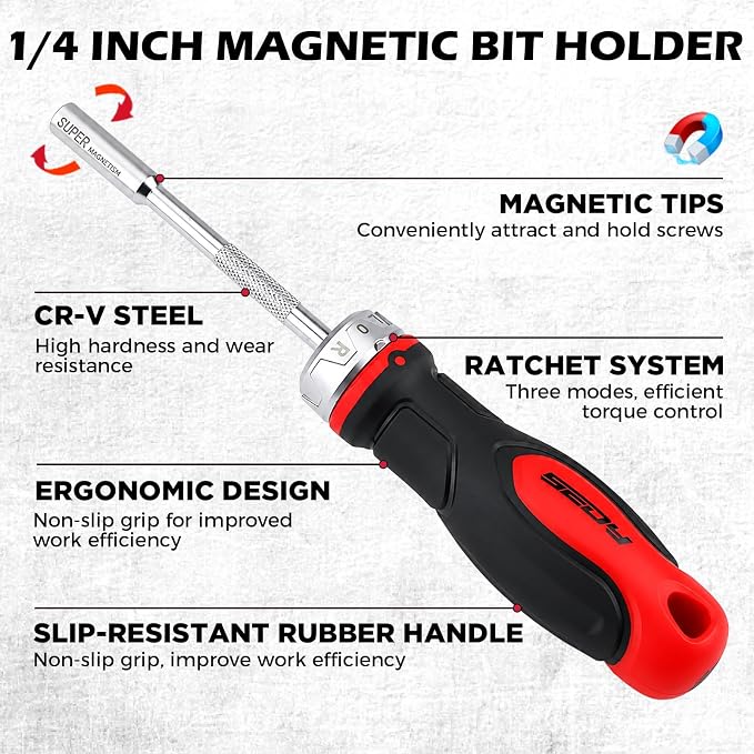26-Piece Ratcheting Screwdriver Bit Set with 1/4" Magnetic Ratchet Driver, S2 Steel Bits, Telescopic Magnetic Extension Rod, Torx Phillips Slotted & Hex Bits Kit for Home Repair, Garage and DIY