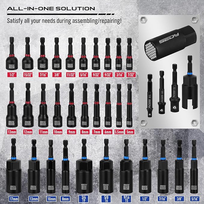 80-Piece Premium Magnetic Impact Nut Driver Set Metric & SAE with Socket Adapters, Bit Holder, Wing Nut Driver, Universal Sockets, Quick Release Extension, Power Bits