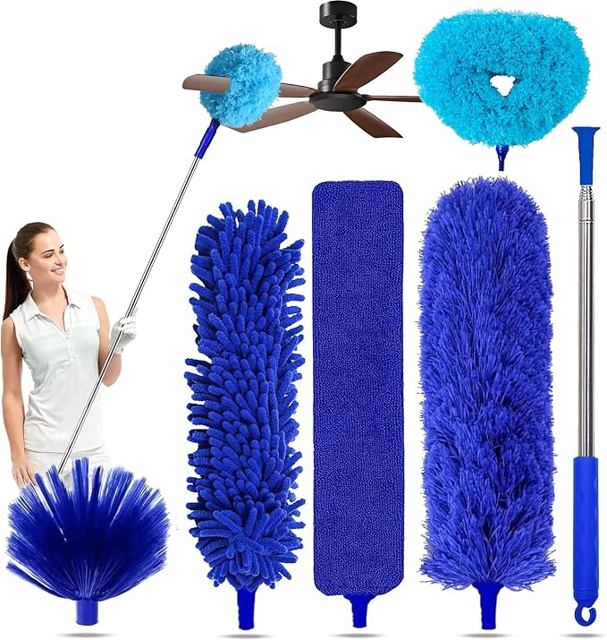 Duster with Extension Pole - Royal Blue | 6-in-1 Kit Dusters for Cleaning, Extendable Duster with 100 Inches, Microfiber Dusters for Ceiling Fans, Furniture, Blinds