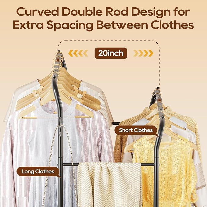 TigerParty Double Rods Clothes Rack for Hanging Clothes, Rolling Clothing Rack with Wheels, 6 Side Bars Freestanding Garment Racks for Bedroom Laundry Living Room