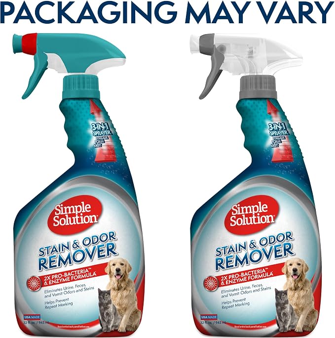 Simple Solution Extreme Stain & Odor Remover, Pee Cleaner, 32oz (Pack of 2) | Dog Stain & Odor Remover, Pet Urine Enzyme Cleaner, Dog Urine Carpet Cleaner, Pet Odor Eliminator, Carpet Stain Remover