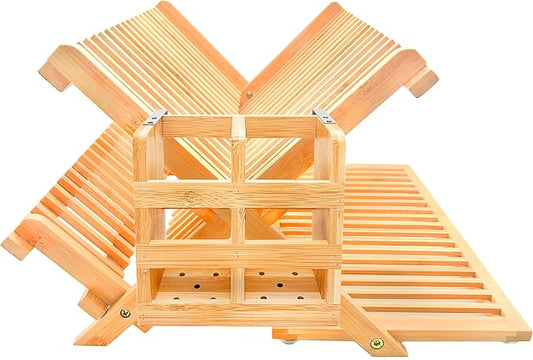 Bamboo Dish Drying Rack with Utensil Holder Set,3-Tier Collapsible Wood Dish Drying Rack for Kitchen,Folding Bamboo Drying Rack with Utensils Flatware Holder,Space-Saving Storage