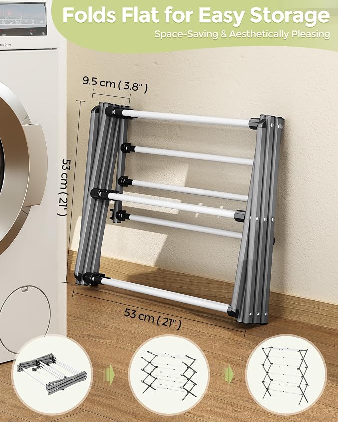 APEXCHASER 3-Tier Foldable Clothes Drying Rack, 37.6" H, Grey/White | Rust-resistant Metal, Tool-free Assembly, Extendable Drying Hanger, Fold Flat to Easy Storage, 11.8" D x 35" W, Holds 24lbs