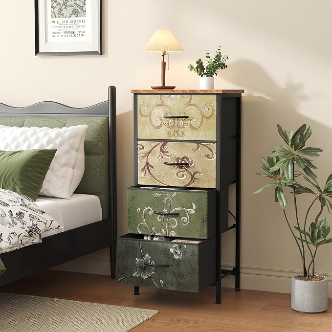 Sweetcrispy Dresser for Bedroom, 4 Drawer Storage Cabinet, Tall Nightstand | Small Fabric Dresser for Closet, Chest of Drawers, Closet Organizer, Home Furniture, Sturdy Frame, Floral Pattern