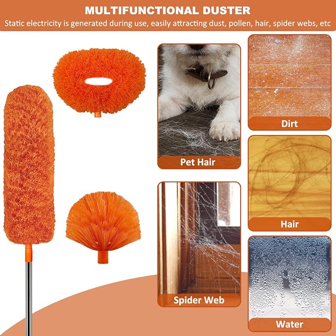 20 Ft+ High Reach Cleaning Tool Kit - Microfiber Feather Ceiling Fan Duster & Cobweb Duster with 3-14 ft Spliceable Pole Duster for Cleaning Fan, Spider Web, Ceiling, Blinds, Furniture Clean