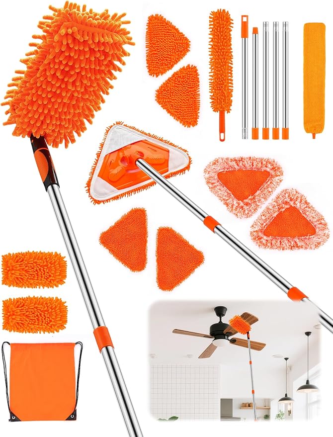 Ceiling Fan Cleaner Duster Kit, 180° Rotating 76" Long Handle | Ceiling Fan Blade Ceaner, Wall Mop Duster Cleaner Kit for Walls/Ceiling Fans/Dust/Baseboards/Floors/Blade Blinds/Doors