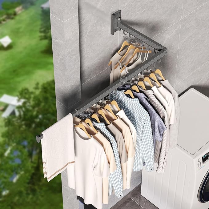LIENAHU Grey Wall Mounted Clothes Drying Rack, Stainless Steel, Space Saving, Holds Up to 220 Pounds, Ideal for Clothing