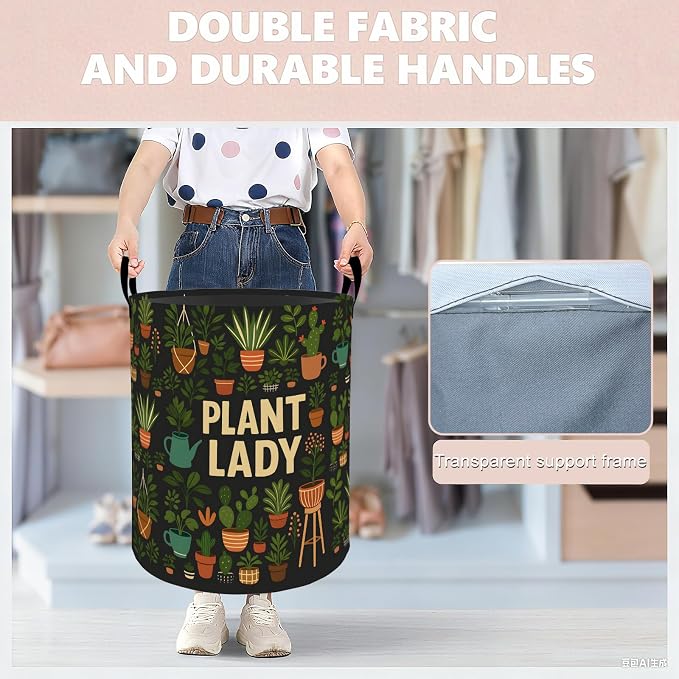 Plant Lady Laundry Basket Hamper 19.7"x15.8", Organizer Bins Gifts for Kids Boys Girls, Funny Plant Botanical Foldable Waterproof Oxford Clothes Storage Bucket for Bedroom Bathroom Decor