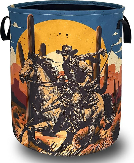 Western Cowboy Laundry Basket Oxford Cloth Desert Riding Laundry Hamper With Handle Foldable Portable Clothes Storage Basket Western Funny Laundry Bag 18.9"x16.5" For Laundry Room/Bedroom/Bathrooms