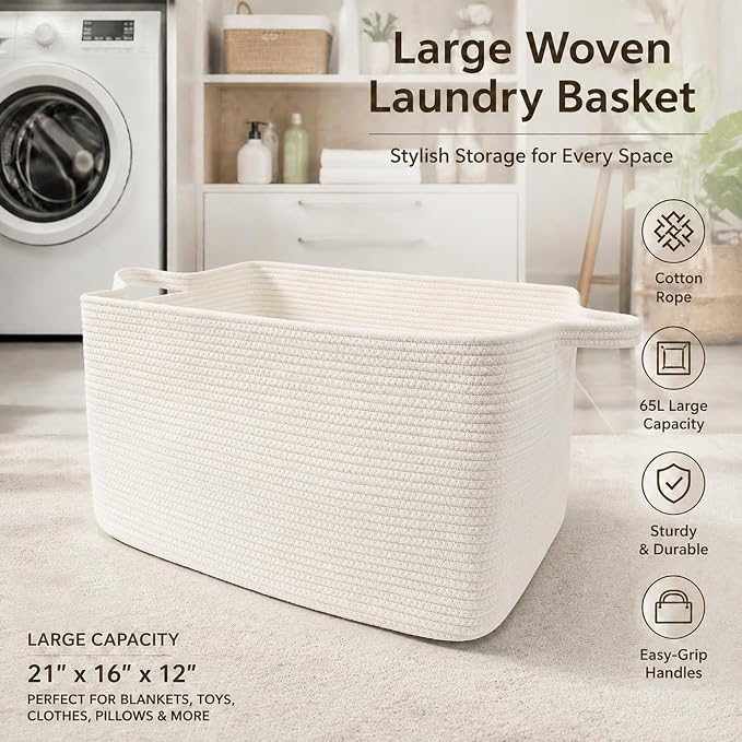65L Large Laundry Basket with Handles,Woven Blanket Basket,White | 21"×16"×12" Collapsible Cotton Rope Storage Basket for Toys Clothes & Pillows, Nursery, Bathroom, Bedroom, Living Room