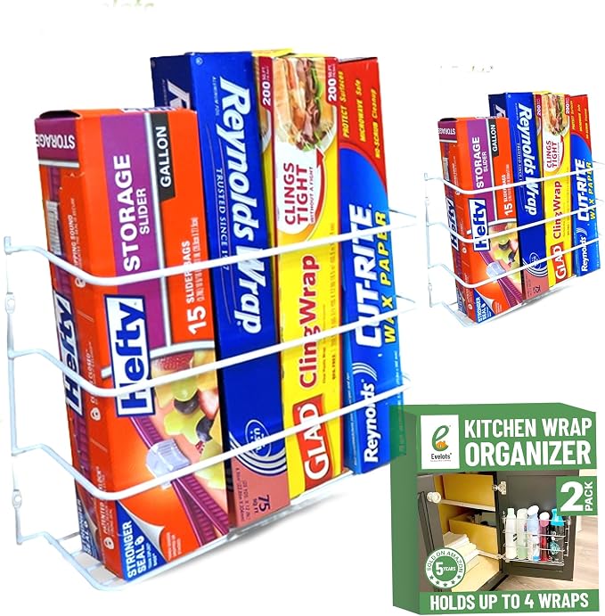 Evelots Kitchen Wrap & Food Bag Organizer Basket, Wall or Cabinet Door Mount, 2-Pack - White
