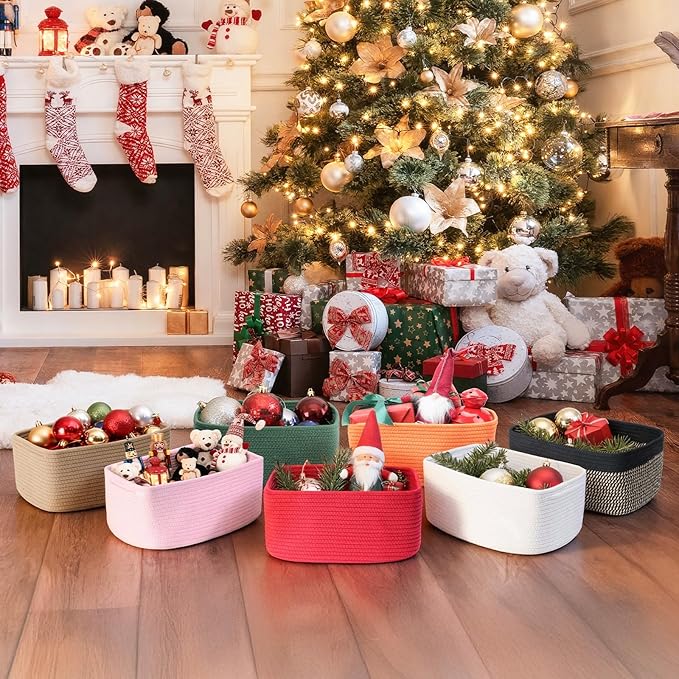 3-Pack Storage Baskets for Organizing | Woven Shelf Toy Basket | Rope Baskets for Gifts Empty | Closet Organizer Bins with Handles | Cube Decorative Box | 13.7×7.1×6.7” | Brick Red
