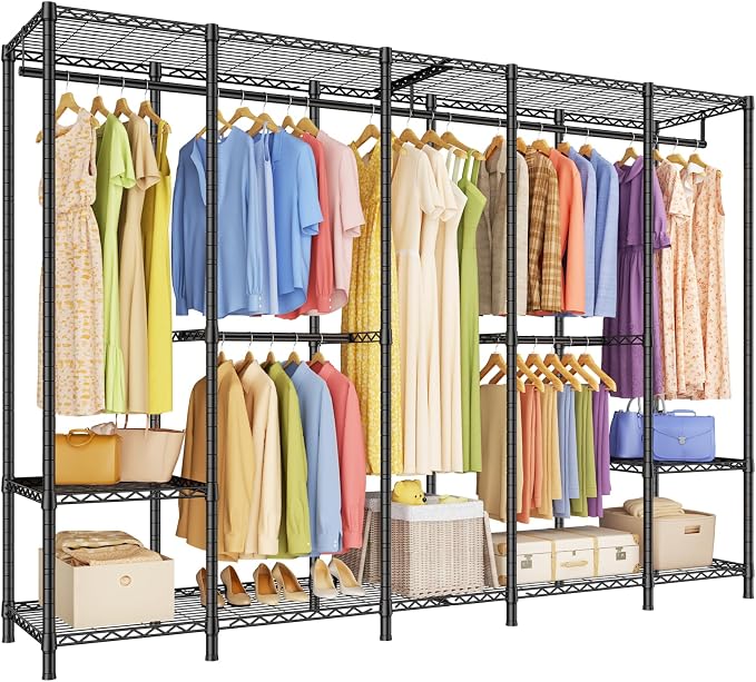 ULIFHOME Clothes Rack, Heavy Duty Garment Rack, Extra Large Portable Closet | H50 Clothing Racks for Hanging Clothes, Freestanding Wardrobe Closet 89.8'' W x 15.8" D x 76.2" H, Max Load 1400 Lbs, Black